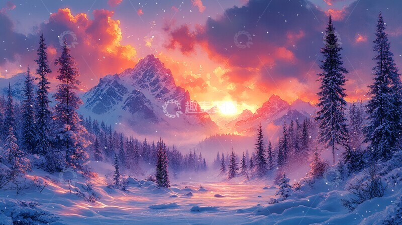 高清大图下载【趣麦麦图】水彩插画日落时白雪皑皑的景色1