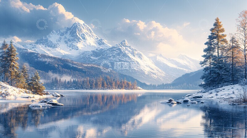 高清大图下载【趣麦麦图】风景主题插画白雪皑皑的群山映衬下的湖景2