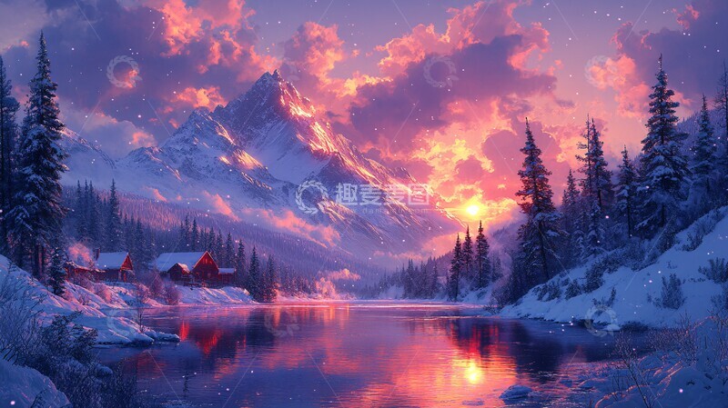 高清大图下载【趣麦麦图】雪山湖畔冬日景