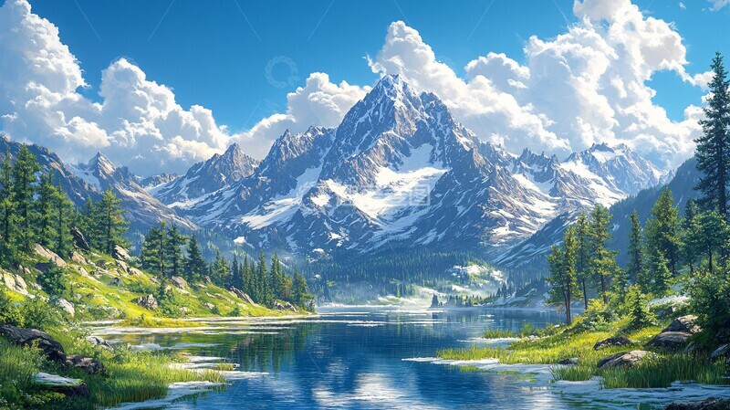 高清大图下载【趣麦麦图】风景主题插画雪山下的风光3