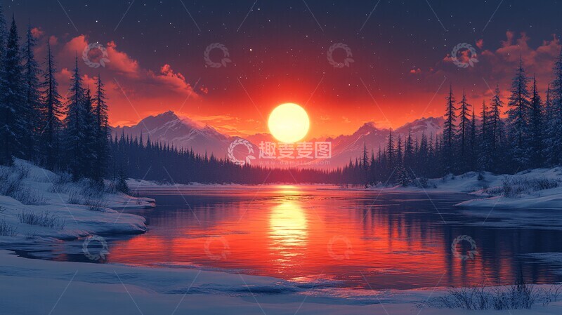 高清大图下载【趣麦麦图】风景主题插画日落时的空中风景