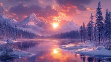 风景主题插画日落时白雪皑皑的群山景色