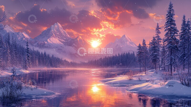 高清大图下载【趣麦麦图】风景主题插画日落时白雪皑皑的群山景色