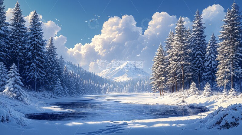 高清大图下载【趣麦麦图】风景主题插画雪地里的树3