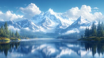 风景主题插画白雪皑皑的群山映衬下的湖景1