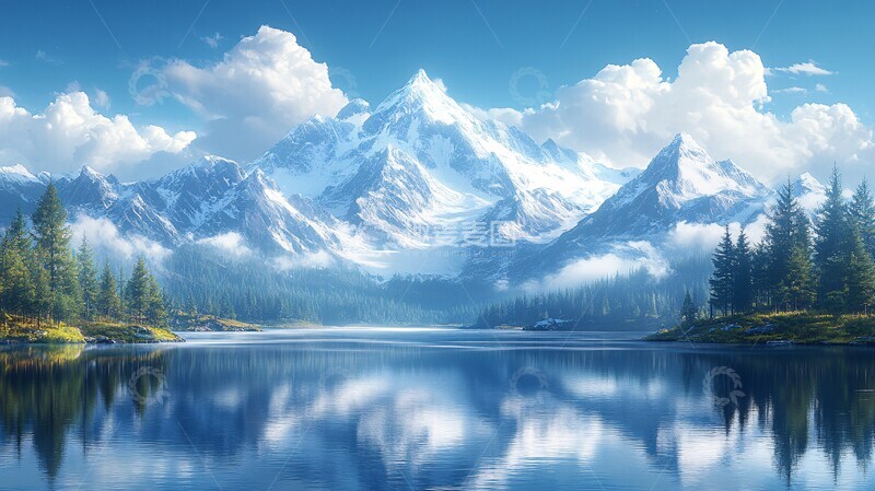 高清大图下载【趣麦麦图】风景主题插画白雪皑皑的群山映衬下的湖景1