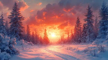 水彩插画日落时白雪皑皑的景色3