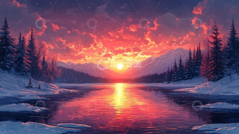 高清大图下载【趣麦麦图】风景主题插画日落时的空中风景1