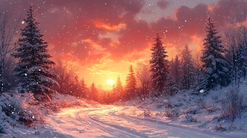 水彩插画日落时白雪皑皑的景色