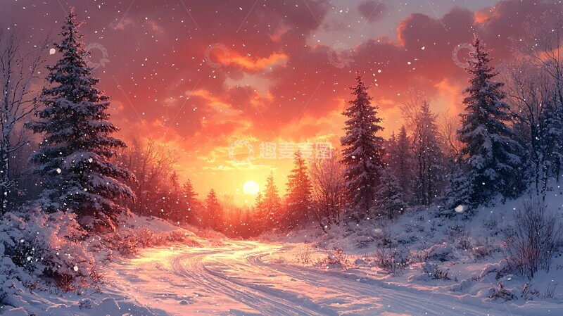 高清大图下载【趣麦麦图】水彩插画日落时白雪皑皑的景色