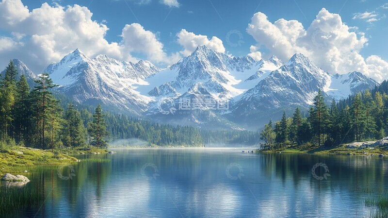 高清大图下载【趣麦麦图】风景主题插画白雪皑皑的群山映衬下的湖景