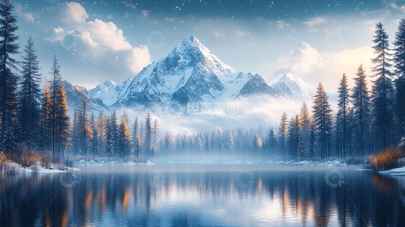 高清大图下载【趣麦麦图】风景主题插画冬季森林顶天景观3
