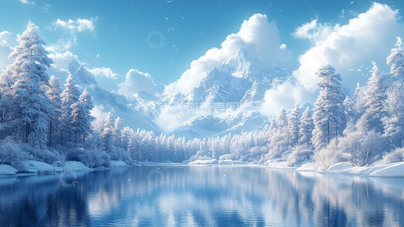 高清大图下载【趣麦麦图】风景主题插画冬季森林顶天景观1