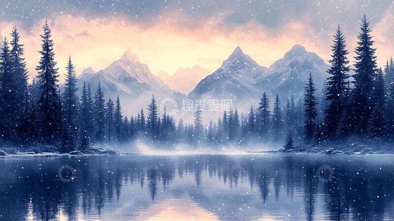 高清大图下载【趣麦麦图】风景主题插画冬季森林顶天景观2