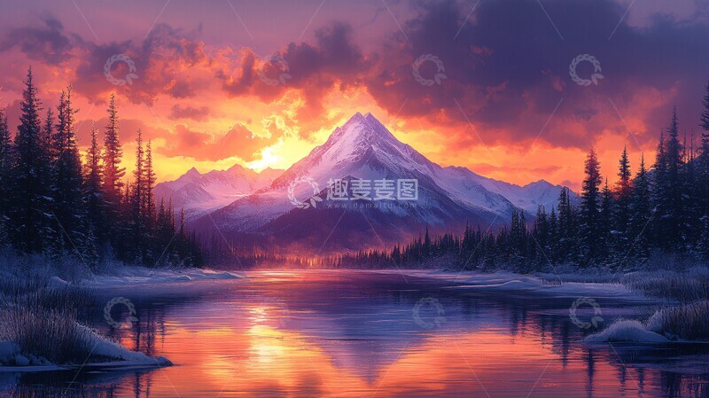 高清大图下载【趣麦麦图】雪山湖畔风景图