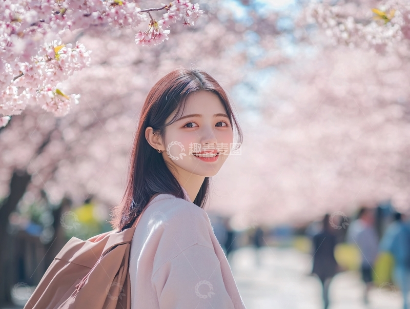高清大图下载【趣麦麦图】樱花树下的美女