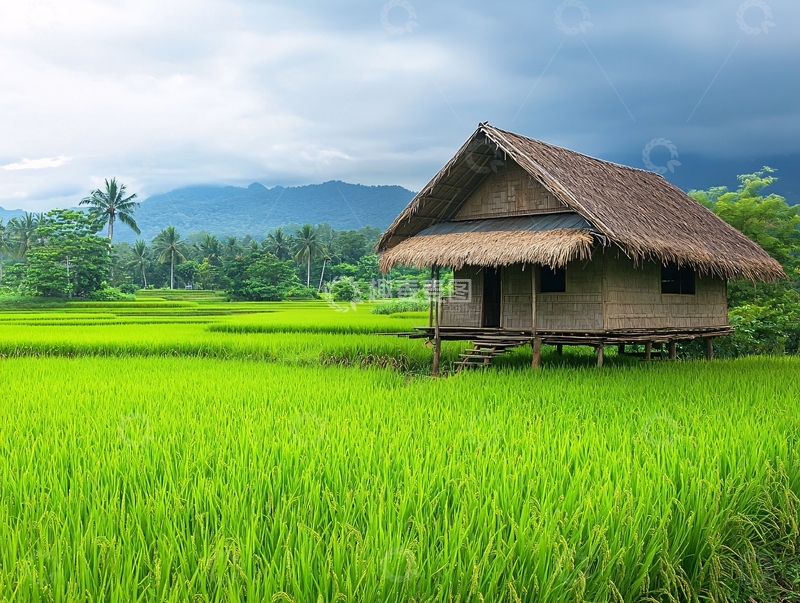 高清大图下载【趣麦麦图】稻田边上的小屋