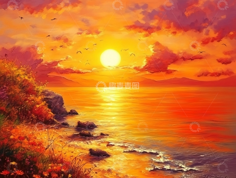 高清大图下载【趣麦麦图】海边日落油画12