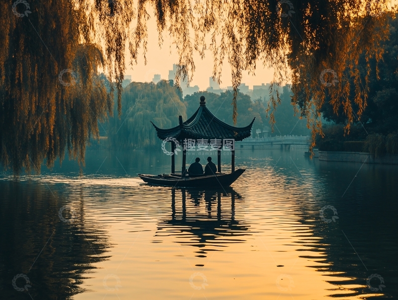 高清大图下载【趣麦麦图】西湖船影夕照图