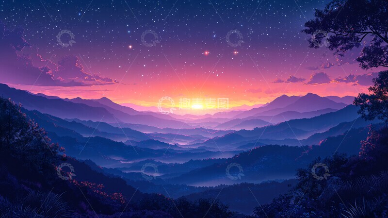 高清大图下载【趣麦麦图】夜空映衬下的风景轮廓插画