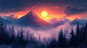 冬日山脉夕照图