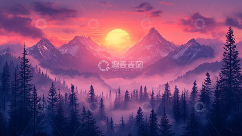 高清大图下载【趣麦麦图】冬日山川云雾图