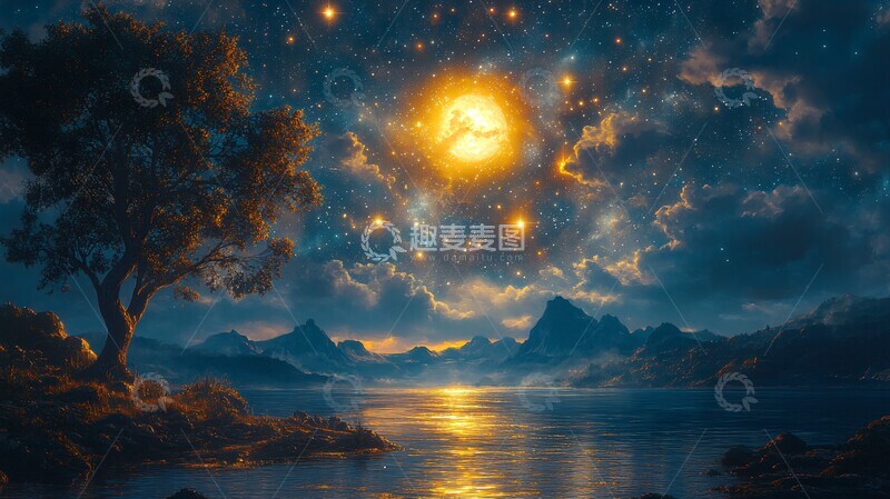高清大图下载【趣麦麦图】星空银河夜空背景插画2