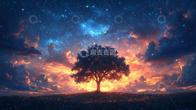 高清大图下载【趣麦麦图】夜空中的星空映衬下的风景插画