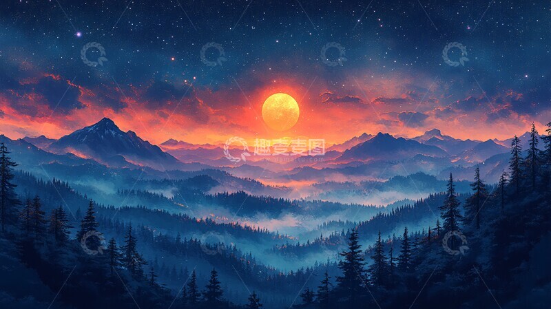 高清大图下载【趣麦麦图】-夜空映衬下的风景轮廓插画3