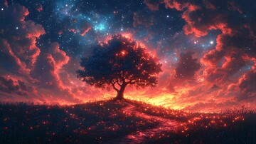 夜空中的星空映衬下的风景插画3