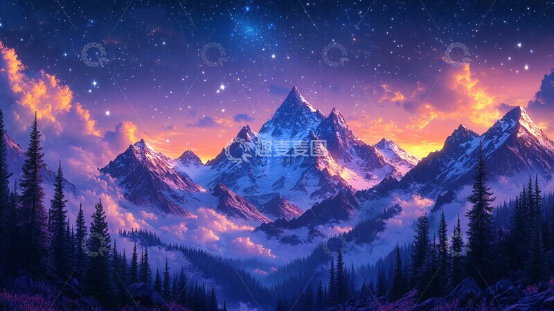 高清大图下载【趣麦麦图】-夜空映衬群山风景插画2