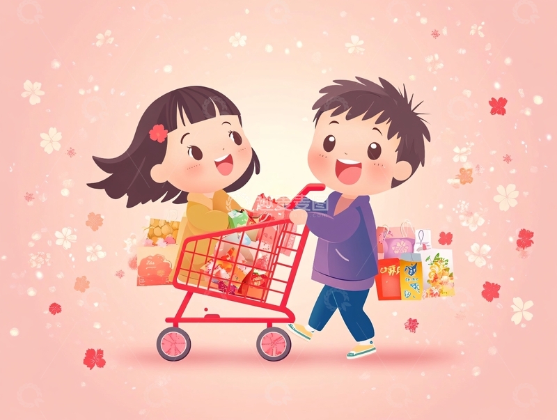 高清大图下载【趣麦麦图】男孩女孩购物插画