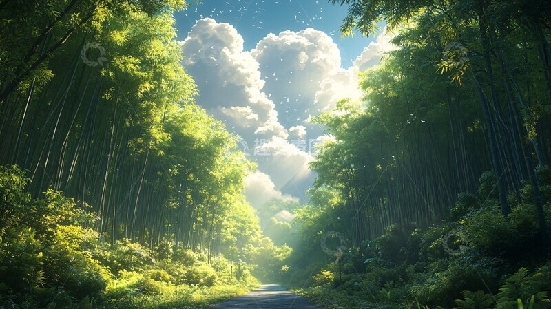 高清大图下载【趣麦麦图】竹林静谧风景插画1