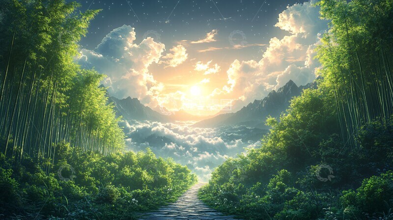 高清大图下载【趣麦麦图】古风意境森林场景插画