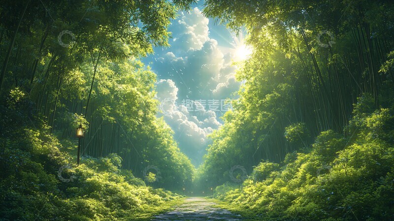 高清大图下载【趣麦麦图】竹林静谧风景插画3
