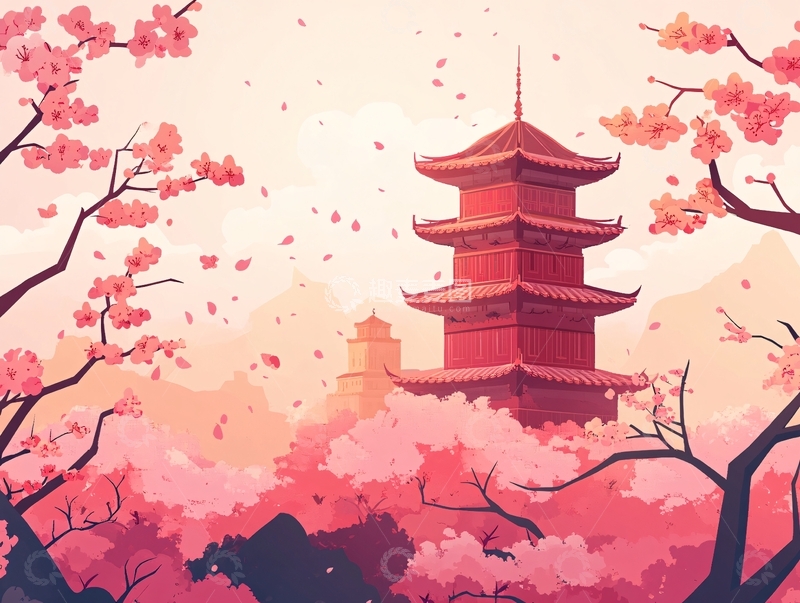 高清大图下载【趣麦麦图】赏樱楼插画1