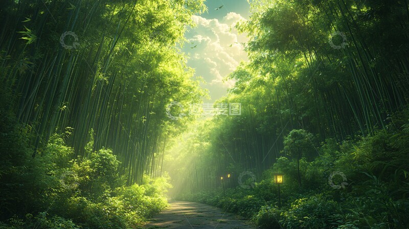 高清大图下载【趣麦麦图】竹林静谧风景插画2