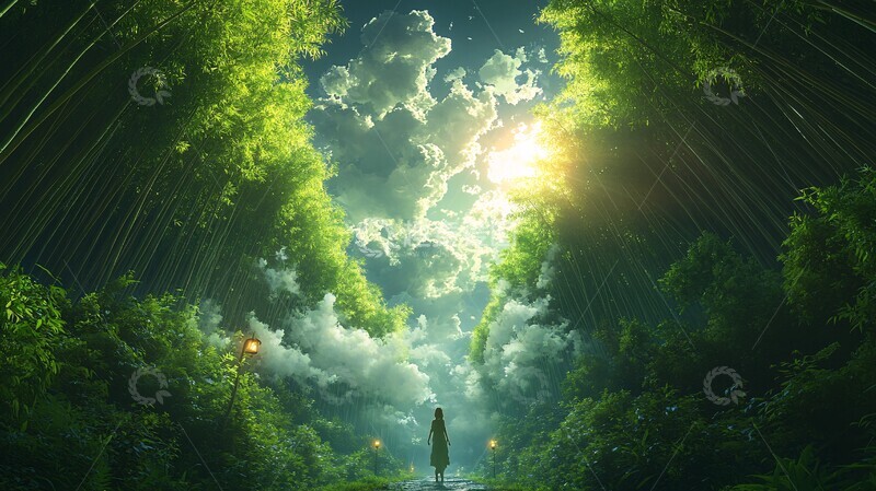 高清大图下载【趣麦麦图】竹林静谧风景插画