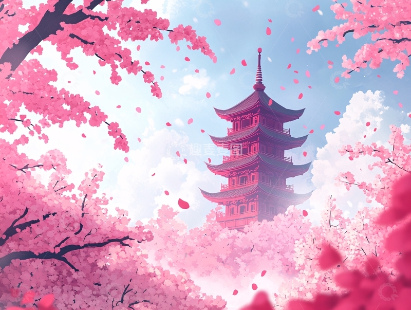 高清大图下载【趣麦麦图】赏樱楼插画2