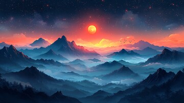 风景插画星空下的山脉