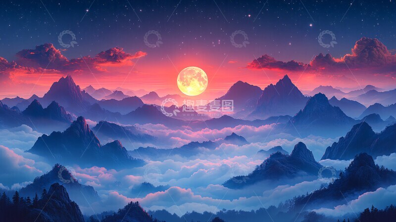 高清大图下载【趣麦麦图】风景插画星空下的山脉1