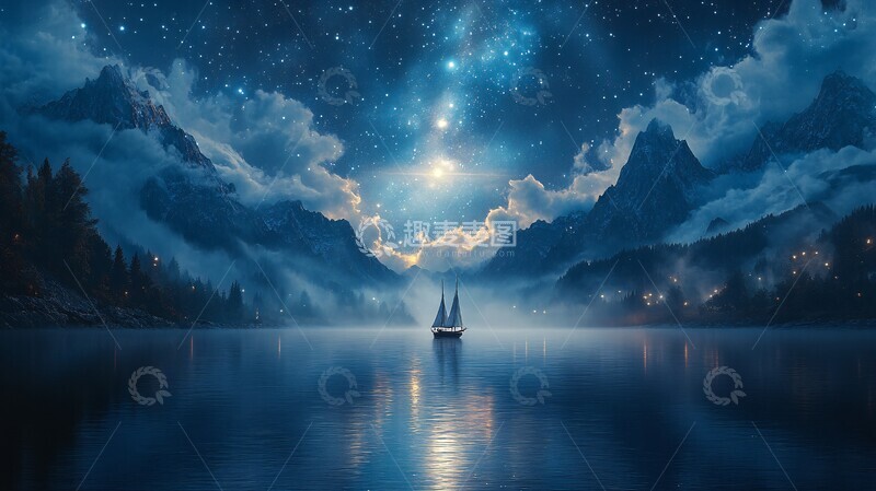 高清大图下载【趣麦麦图】夜幕下的群山对峙的湖景1