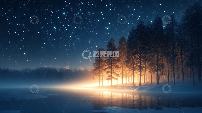 高清大图下载【趣麦麦图】夜幕中的星空映衬下树木的轮廓2