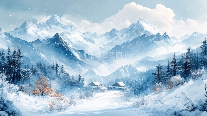 高清大图下载【趣麦麦图】水彩插画白雪皑皑的群山在天空中的全景