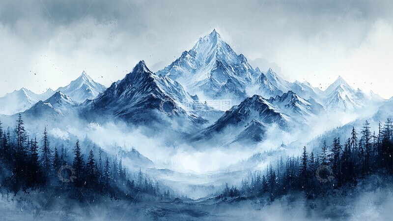 高清大图下载【趣麦麦图】水彩插画白雪皑皑的群山映衬着多云的天空