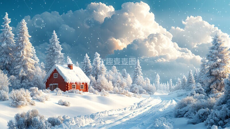 高清大图下载【趣麦麦图】冬季主题海报森林雪地木屋2