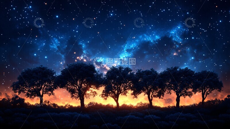 高清大图下载【趣麦麦图】夜幕中的星空映衬下树木的轮廓3
