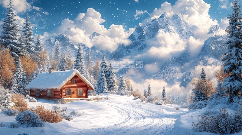 高清大图下载【趣麦麦图】冬季主题海报森林雪地木屋
