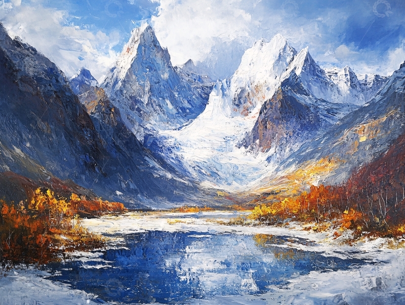 高清大图下载【趣麦麦图】雪山河流油画2