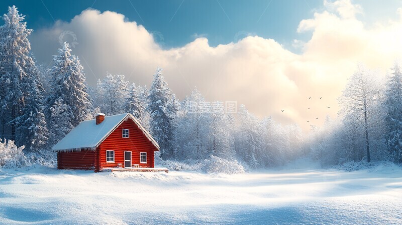 高清大图下载【趣麦麦图】冬季主题海报森林雪地木屋3